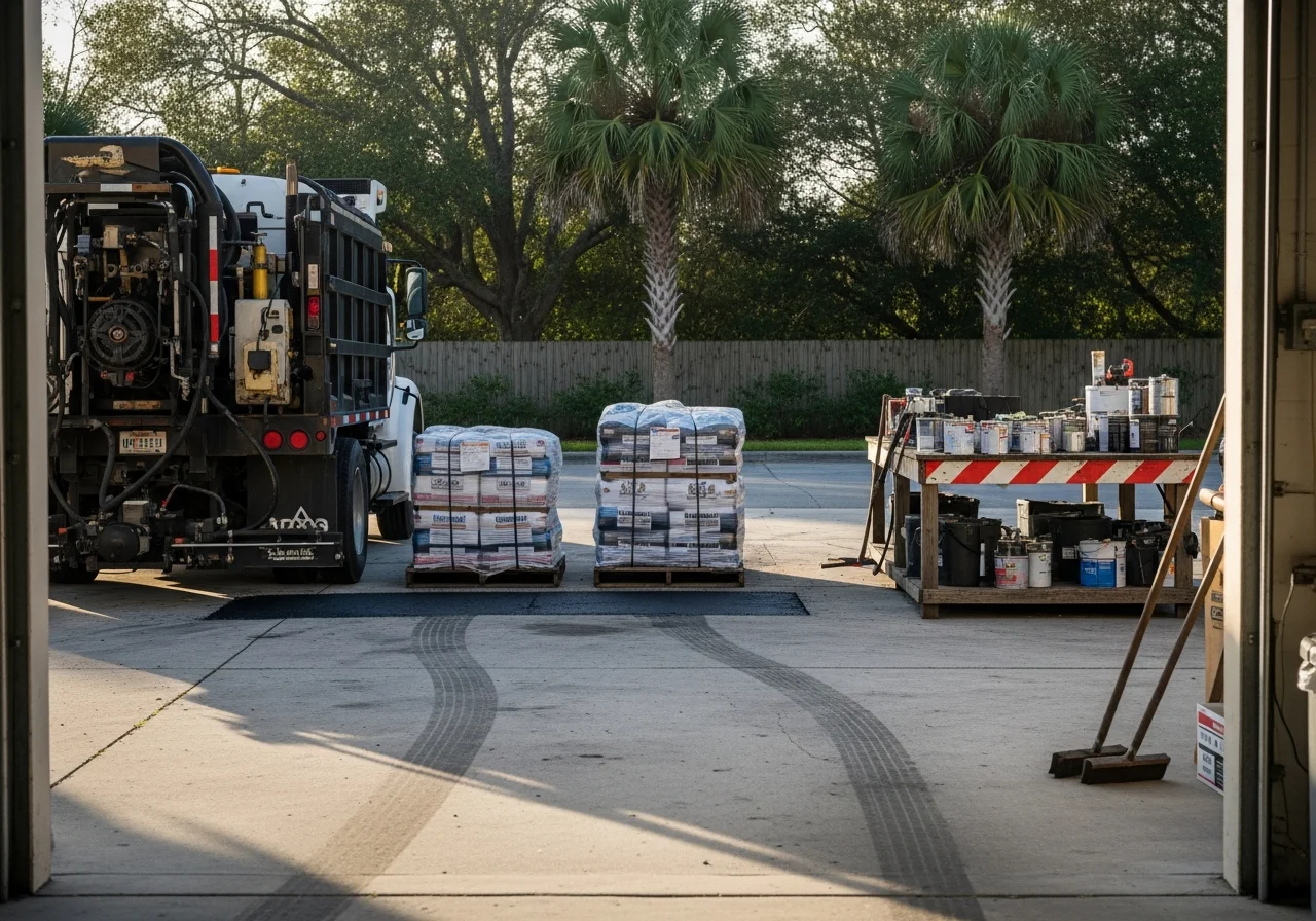 Asphalt paving crew and equipment on a commercial parking lot project, demonstrating professional sealcoating and striping work.