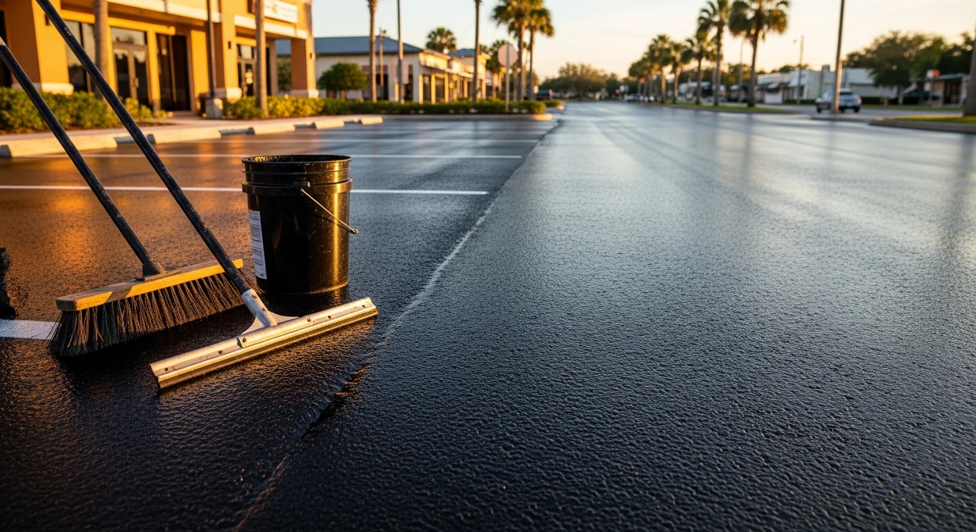 Professional asphalt paving crew applying fresh asphalt to a commercial parking lot