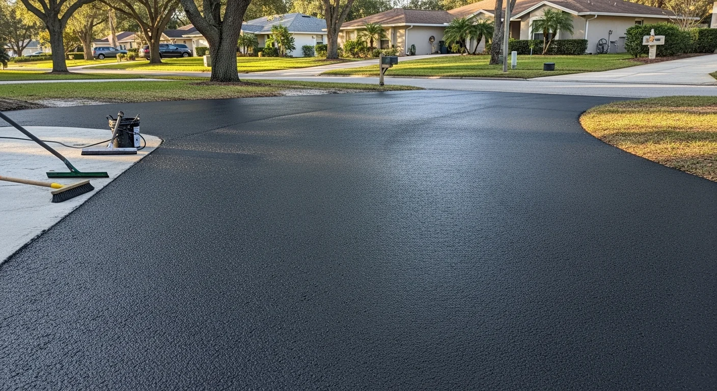 Freshly sealed asphalt parking lot with dark, protective coating applied