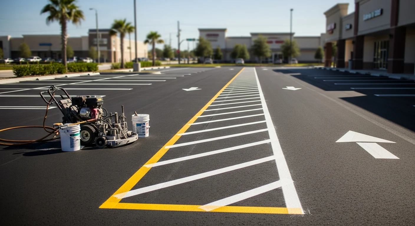 Freshly painted white parking space lines on a commercial asphalt lot