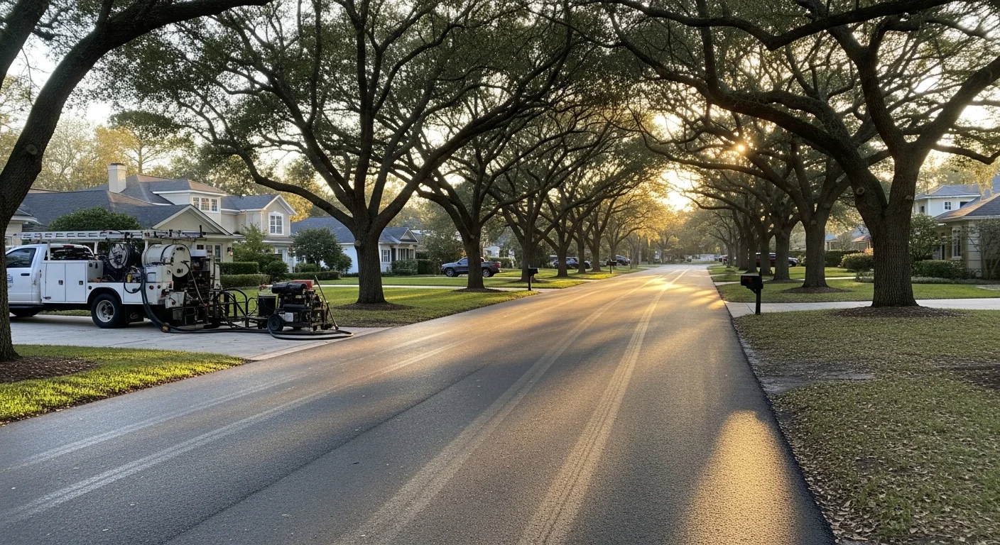 Tree-lined residential street in Winter Park with well-maintained homes and manicured landscaping.