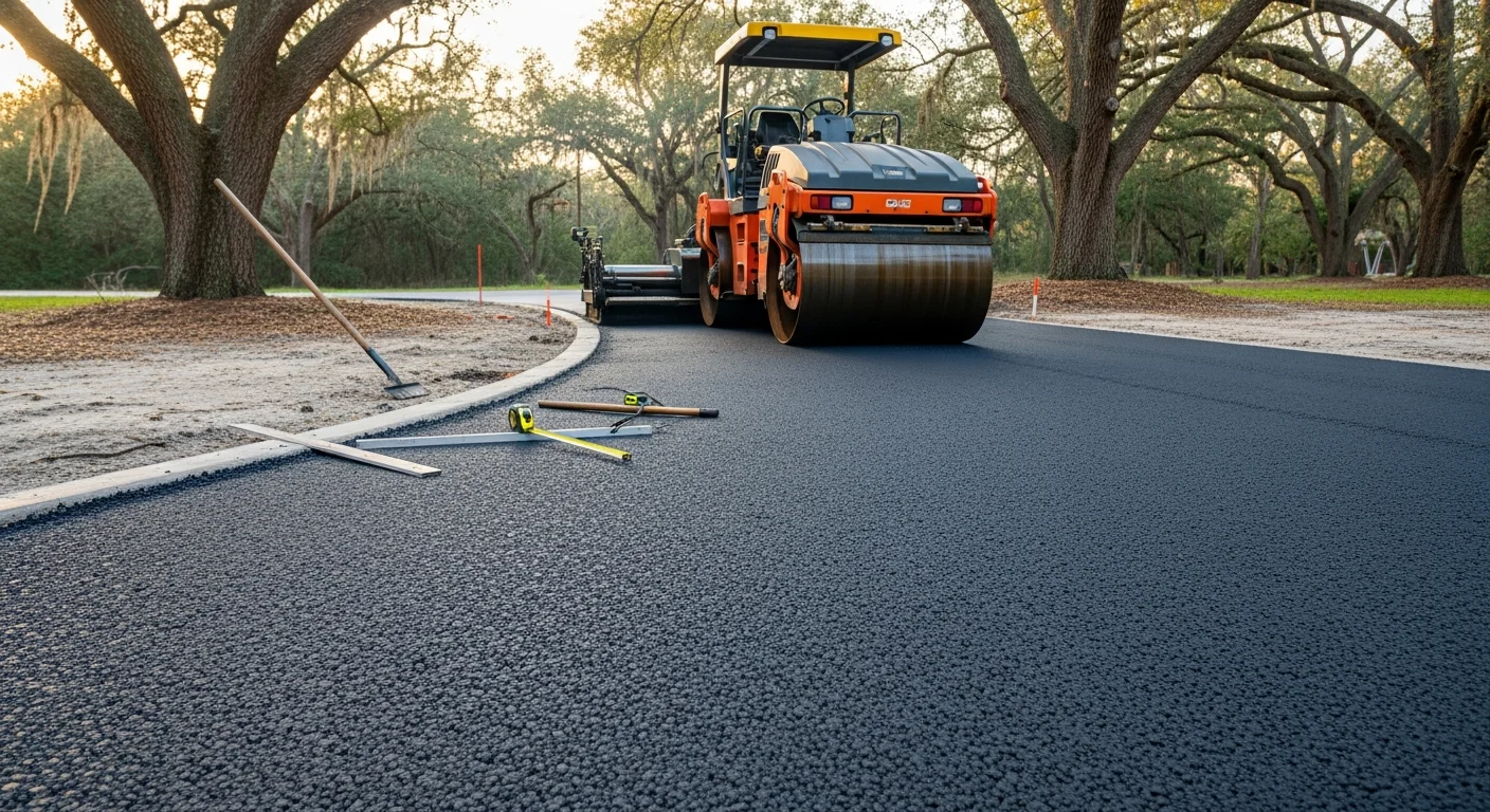 Freshly paved black asphalt driveway in front of a residential home in Winter Park, Florida, with clean edges and a smooth compacted surface. The surrounding yard shows mature trees typical of established Winter Park neighborhoods.
