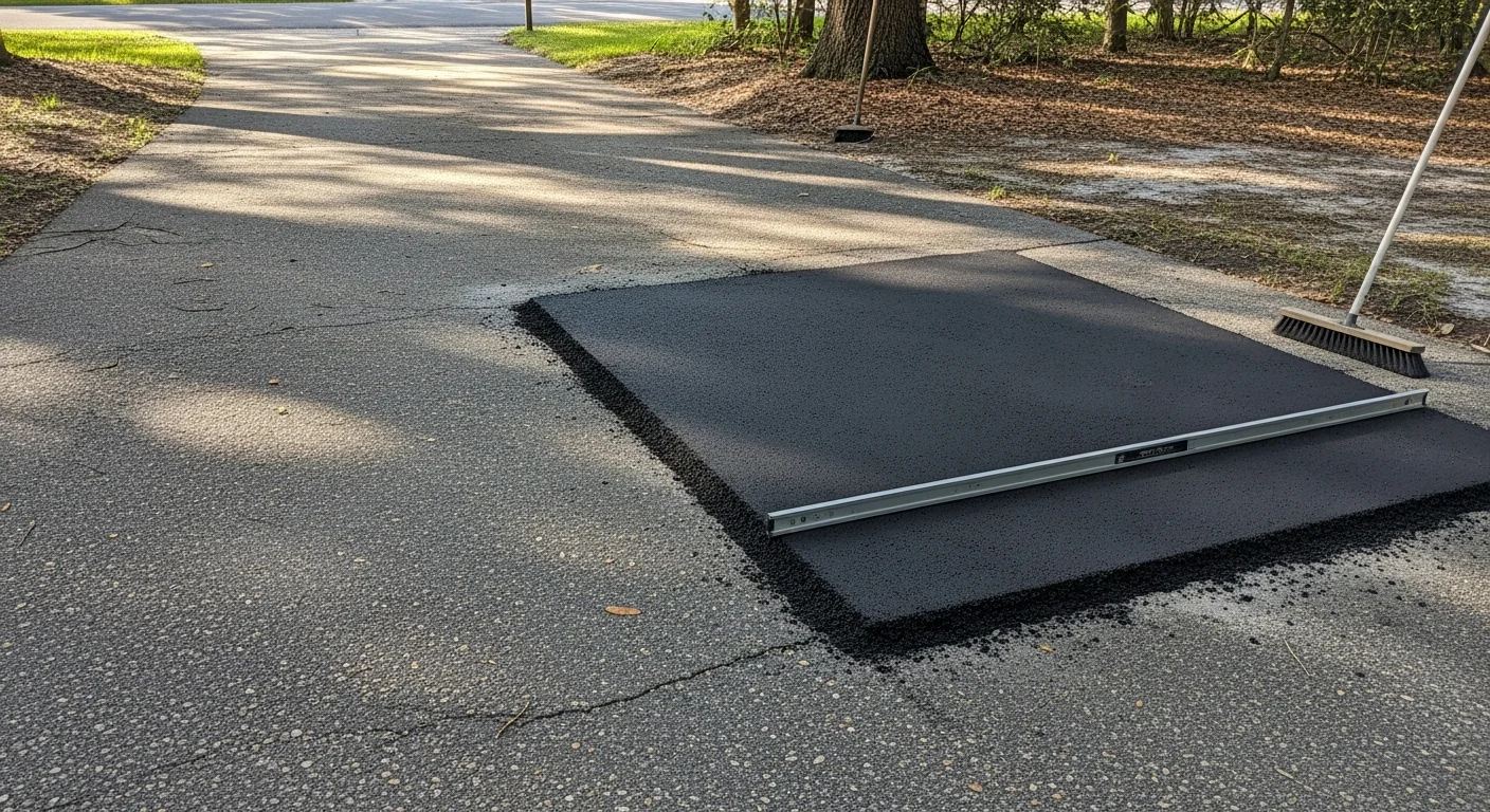 A freshly patched asphalt driveway in a Winter Park, FL residential neighborhood, showing a smooth, level repair surface next to older surrounding pavement. Close-up view highlights clean patch edges and uniform compaction after hot mix asphalt repair.