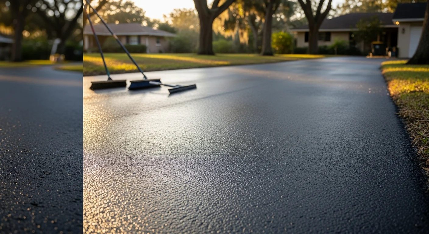 A freshly sealed asphalt driveway in a Winter Park residential neighborhood showing a uniform deep-black surface finish with clean edges. A contractor applies sealcoat evenly across the pavement surface under clear Florida skies.