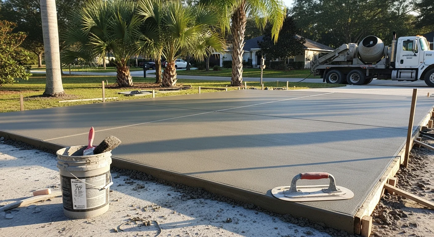 A freshly broom-finished concrete driveway at a Winter Park residential property, showing clean edges and a uniform gray surface. The finish extends from the garage apron to the street with consistent texture across the full slab.