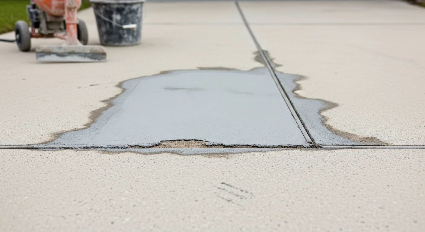 A repaired residential concrete driveway in Winter Park, Florida, showing a smooth, crack-free surface after patching and sealing. The finished slab sits flush with the surrounding concrete with no visible spalling or uneven edges.