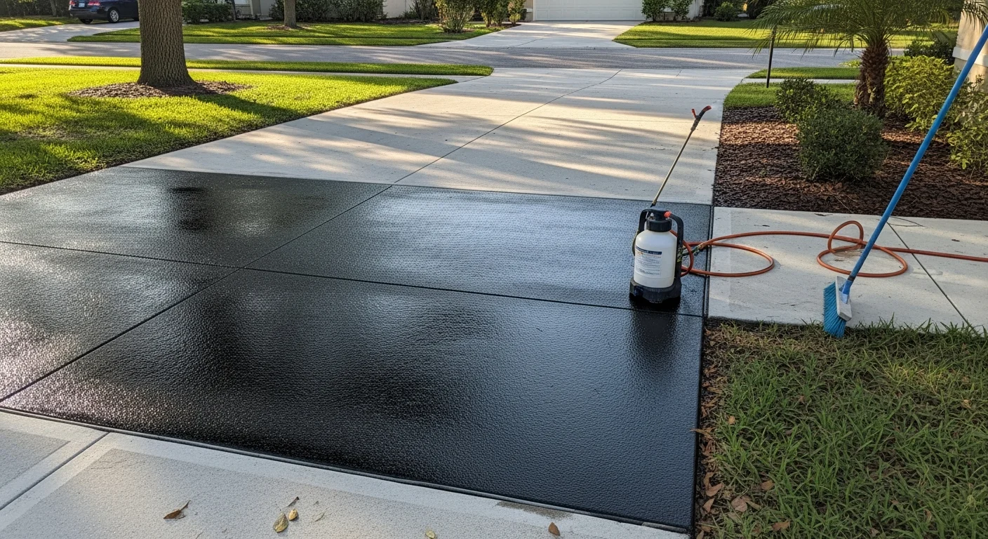 Freshly sealed concrete driveway at a Winter Park residential property, showing a clean, uniform surface with water beading on top. The surrounding Florida landscaping and bright sunlight highlight the protective finish applied by Central Asphalt Sealcoating.