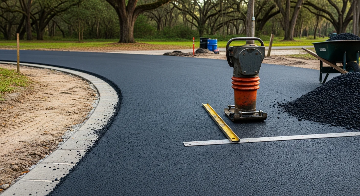 Freshly paved black asphalt driveway at a residential property in Winter Park, Florida, with clean straight edges and a smooth surface leading to a two-car garage. The driveway shows proper slope away from the home with no pooling or cracking visible.