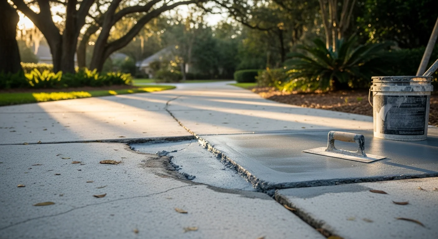 A repaired concrete driveway at a residential property in Winter Park, FL, showing a smooth, crack-free surface with clean edges along a tree-lined street. The finished slab sits flush and level from the garage apron to the street curb.