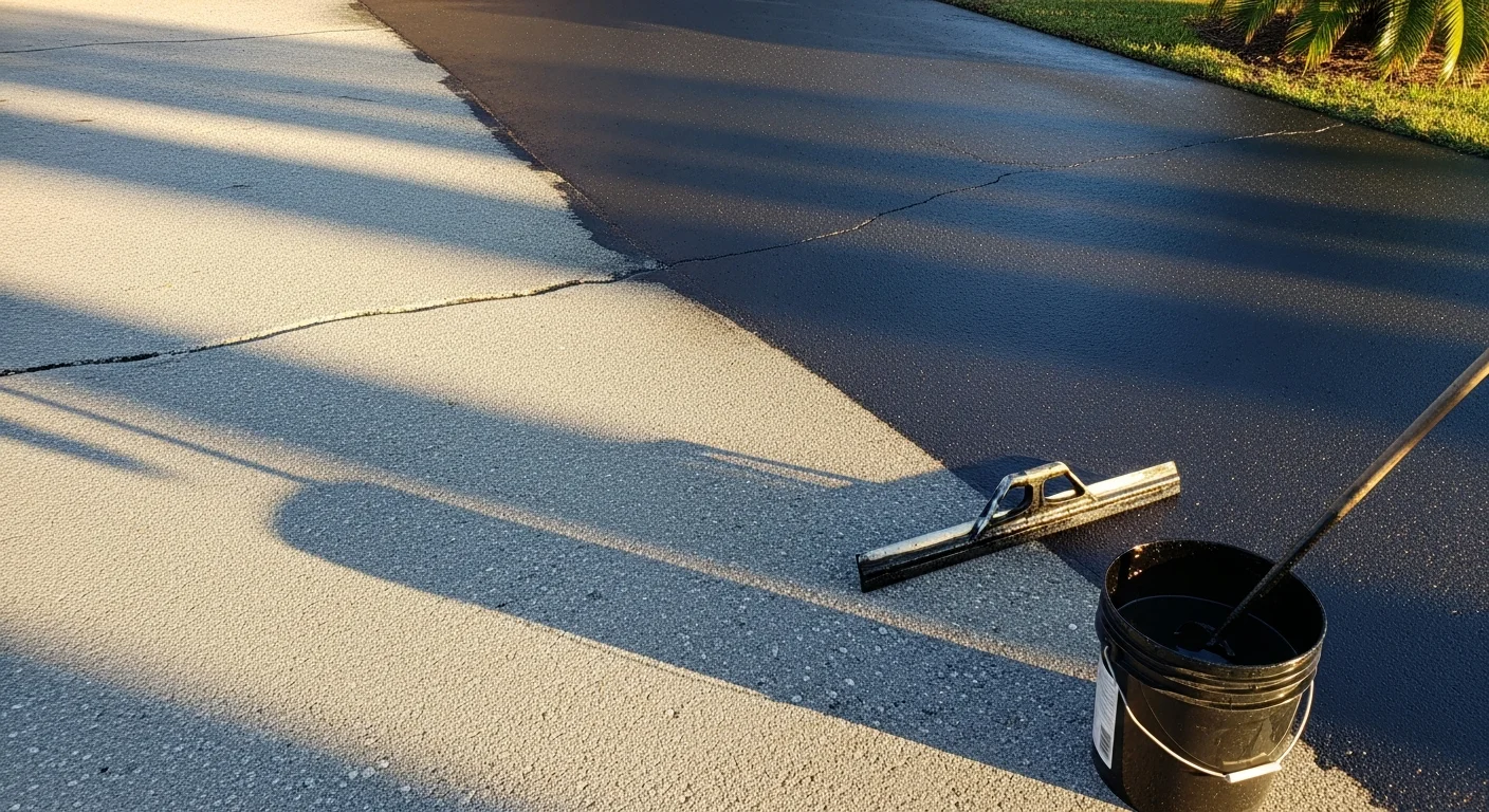 A freshly sealcoated residential asphalt driveway in Winter Park, Florida, showing a uniform deep black surface with clean edges alongside a green lawn. Close view highlights the smooth, crack-free finish after professional sealcoating service.
