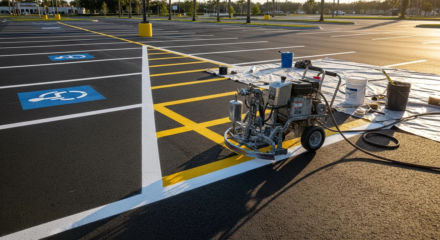 Freshly painted white parking stall lines and a blue ADA-accessible space stencil on a commercial asphalt parking lot in Winter Park, Florida. Bright yellow fire lane markings run along the curb edge of the lot.