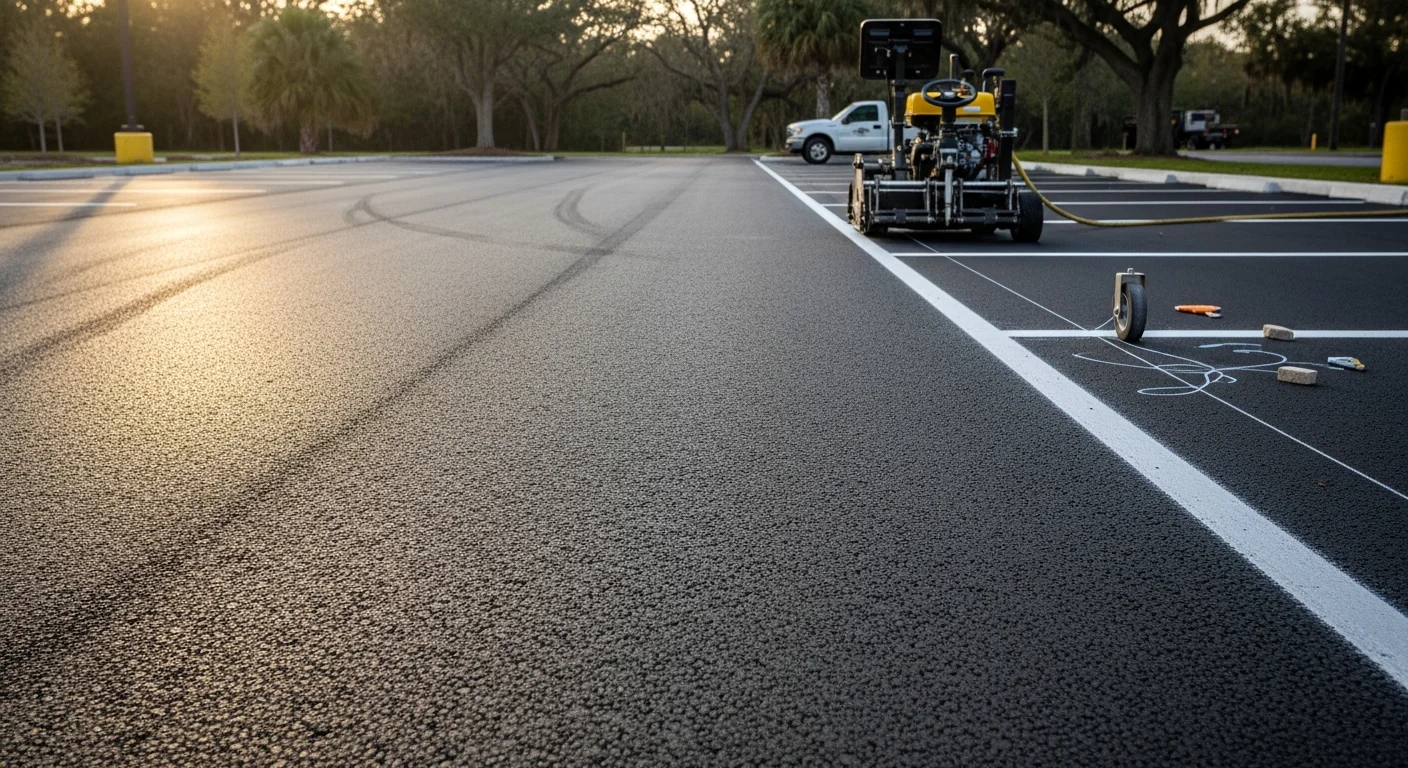 Freshly paved commercial parking lot in Winter Park, Florida with smooth black asphalt and newly painted white stall lines. The lot serves a multi-unit commercial property with clear drive lane markings and a clean finished edge along the curb.