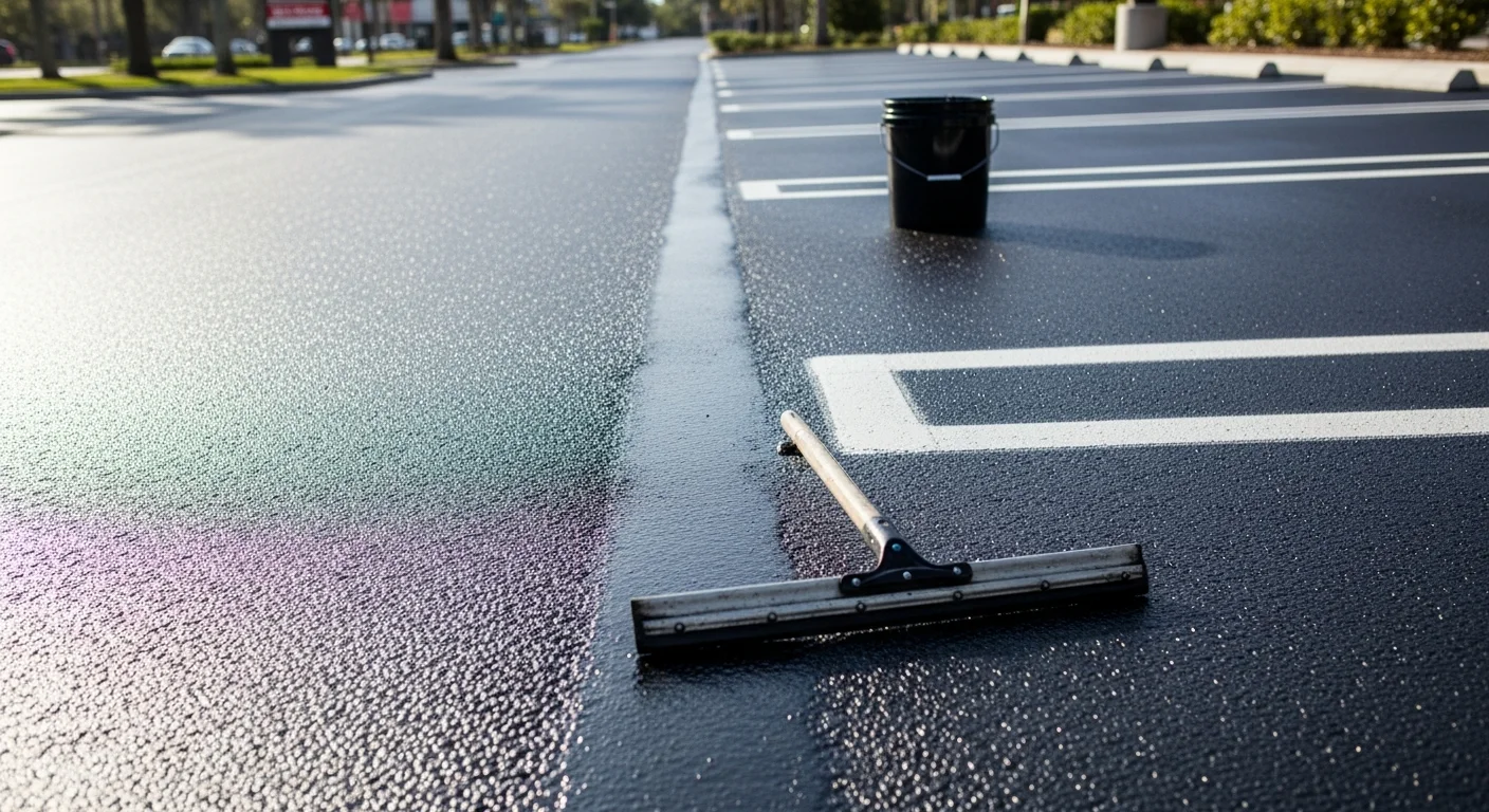 A freshly sealcoated commercial parking lot in Winter Park, FL with a uniform dark asphalt surface and crisp white line striping. The lot serves a multi-unit commercial property under bright Florida sunlight.
