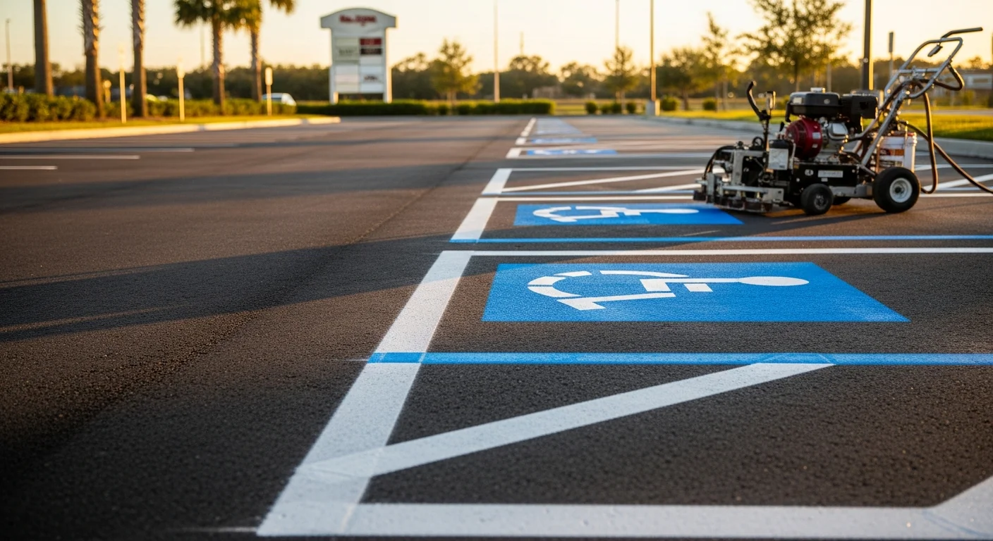 Freshly striped commercial parking lot in Winter Park, Florida, showing bright white stall lines, blue ADA-accessible spaces, and yellow fire lane markings on dark asphalt. Directional arrows and a clearly marked crosswalk are visible near the building entrance.