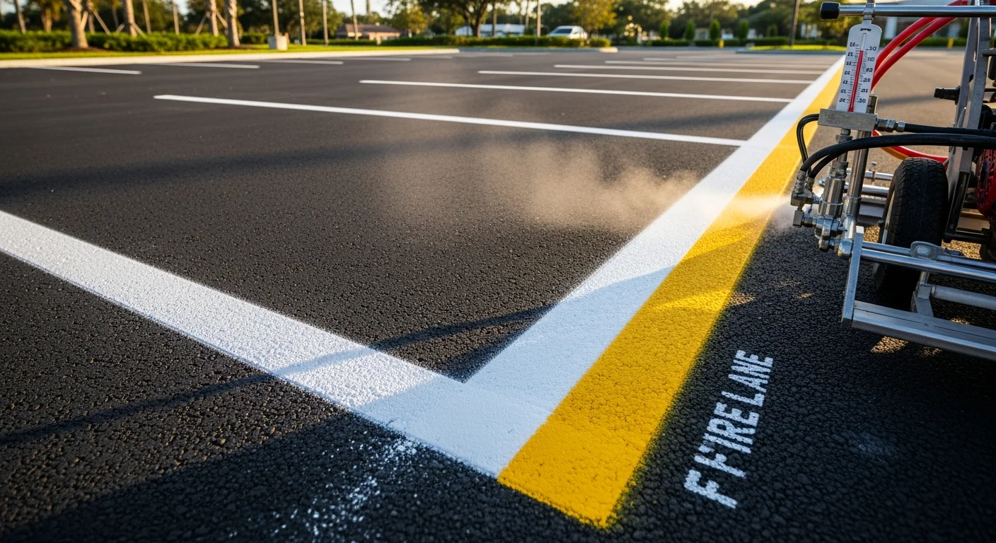 Freshly applied white parking stall lines and yellow directional arrows on a clean asphalt surface at a commercial property in Winter Park, Florida. Clearly marked ADA accessible spaces with access aisle hatching are visible near the building entrance.