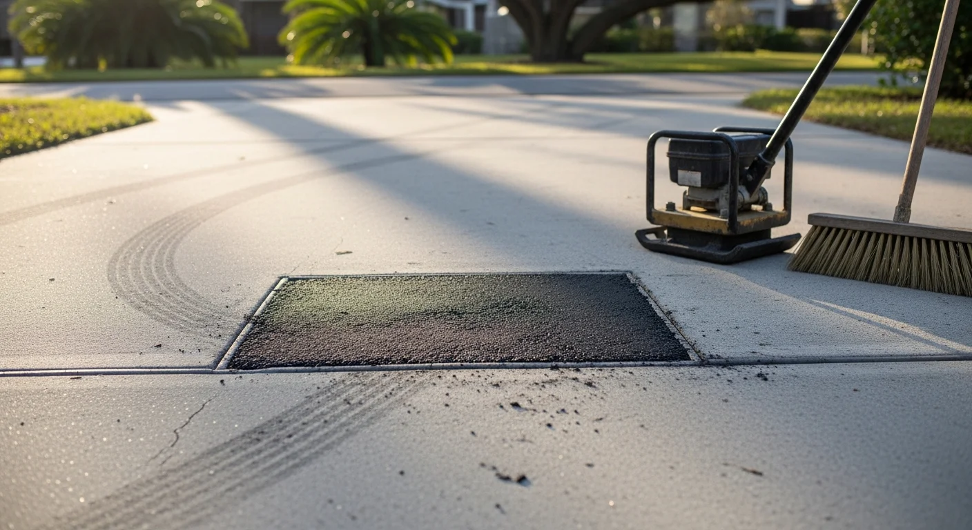 A freshly patched asphalt pothole on a residential driveway in Winter Park, FL, with smooth compacted hot-mix asphalt flush with the surrounding pavement surface. The repaired area shows clean, dark asphalt against the older weathered pavement on a sunny Central Florida day.