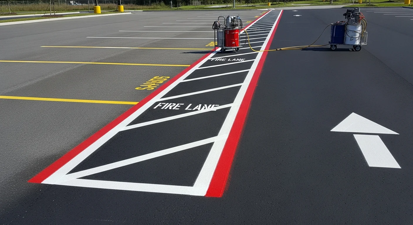 Freshly striped commercial parking lot in Winter Park, Florida, showing bright white stall lines, a blue ADA-accessible space with wheelchair stencil, and clearly marked drive lanes on dark asphalt. Central Asphalt Sealcoating road striping work on a Central Florida commercial property.