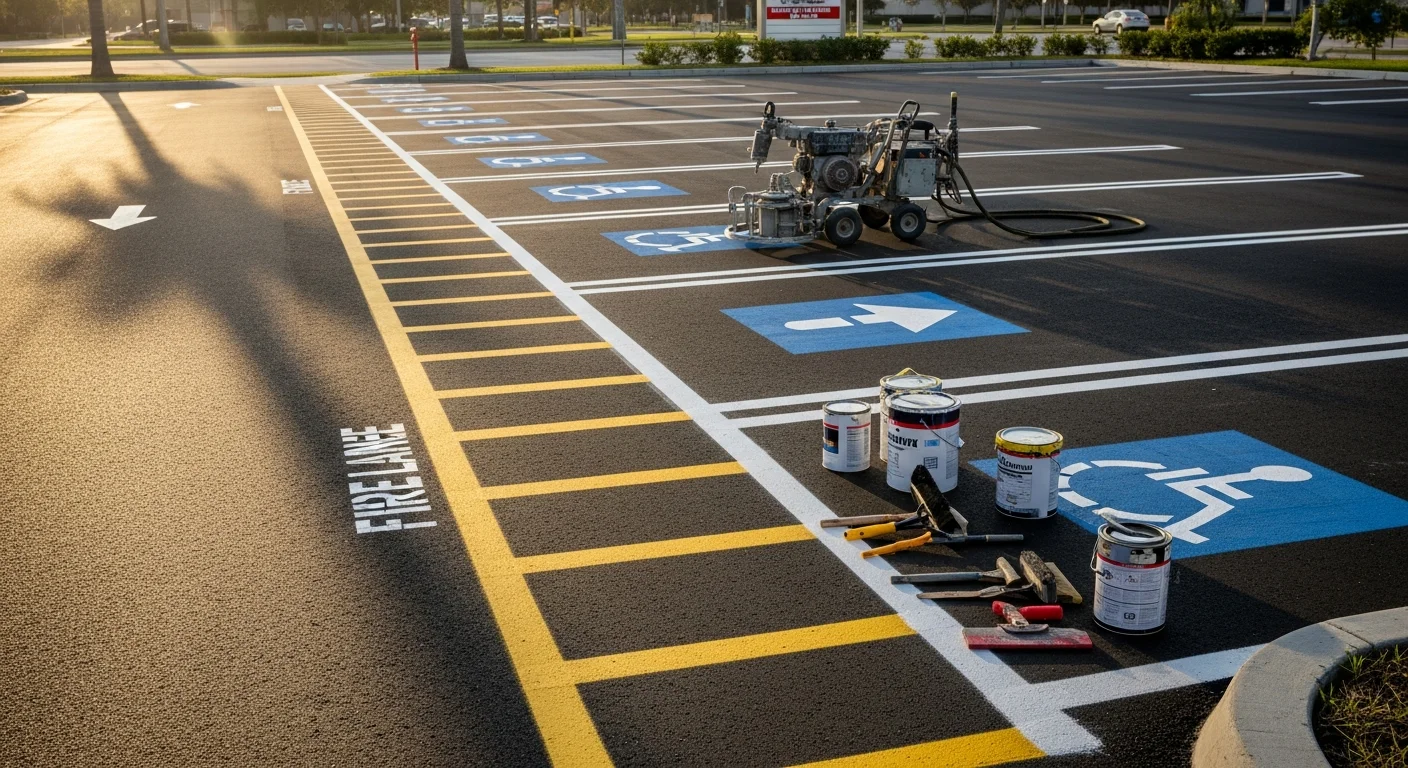 Freshly applied white parking stall lines and a blue ADA-compliant accessible space marking on a sealed asphalt lot in Winter Park, Florida. Bright yellow fire lane striping runs along the curb edge in the background.