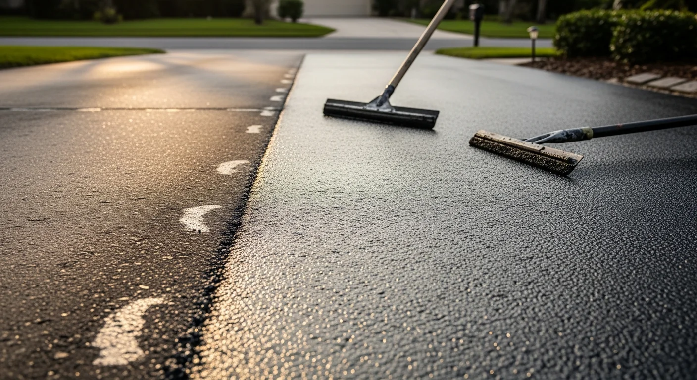 Freshly seal coated asphalt driveway in Winter Park, Florida, showing a smooth, dark surface with clean edges alongside a residential property. A Central Asphalt Sealcoating crew applies sealant to a commercial parking lot in Winter Park under clear Florida skies.