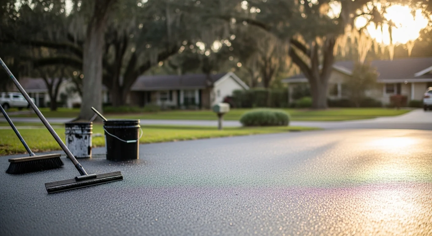 Freshly sealcoated residential asphalt driveway in Winter Park, Florida, showing a smooth, dark surface with clean edges alongside a well-maintained lawn. A commercial parking lot in Winter Park with a newly applied sealcoat, showing uniform dark coverage and clearly defined pavement edges.