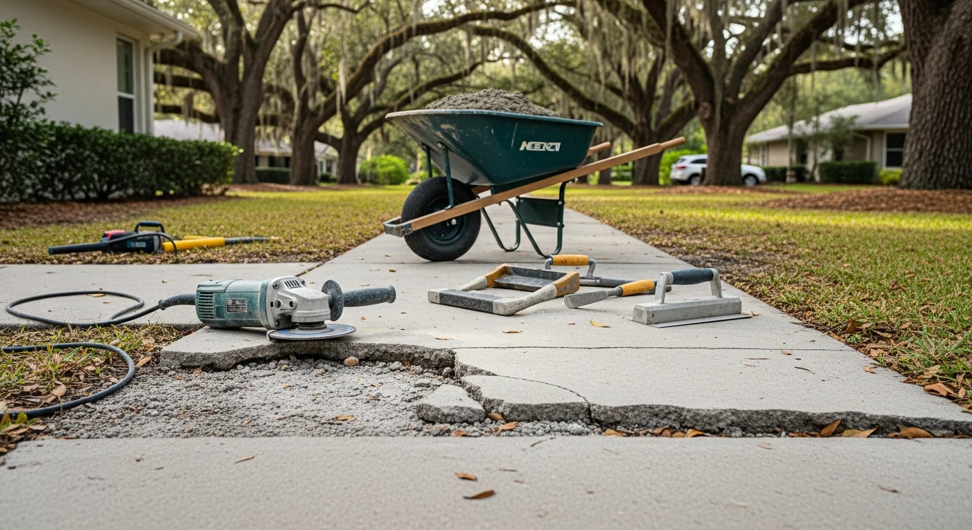 A repaired concrete walkway outside a Winter Park residential home, showing smooth, level slabs with filled cracks and clean slab joints. The path leads from the driveway to the front entry with no visible trip hazards or surface damage.